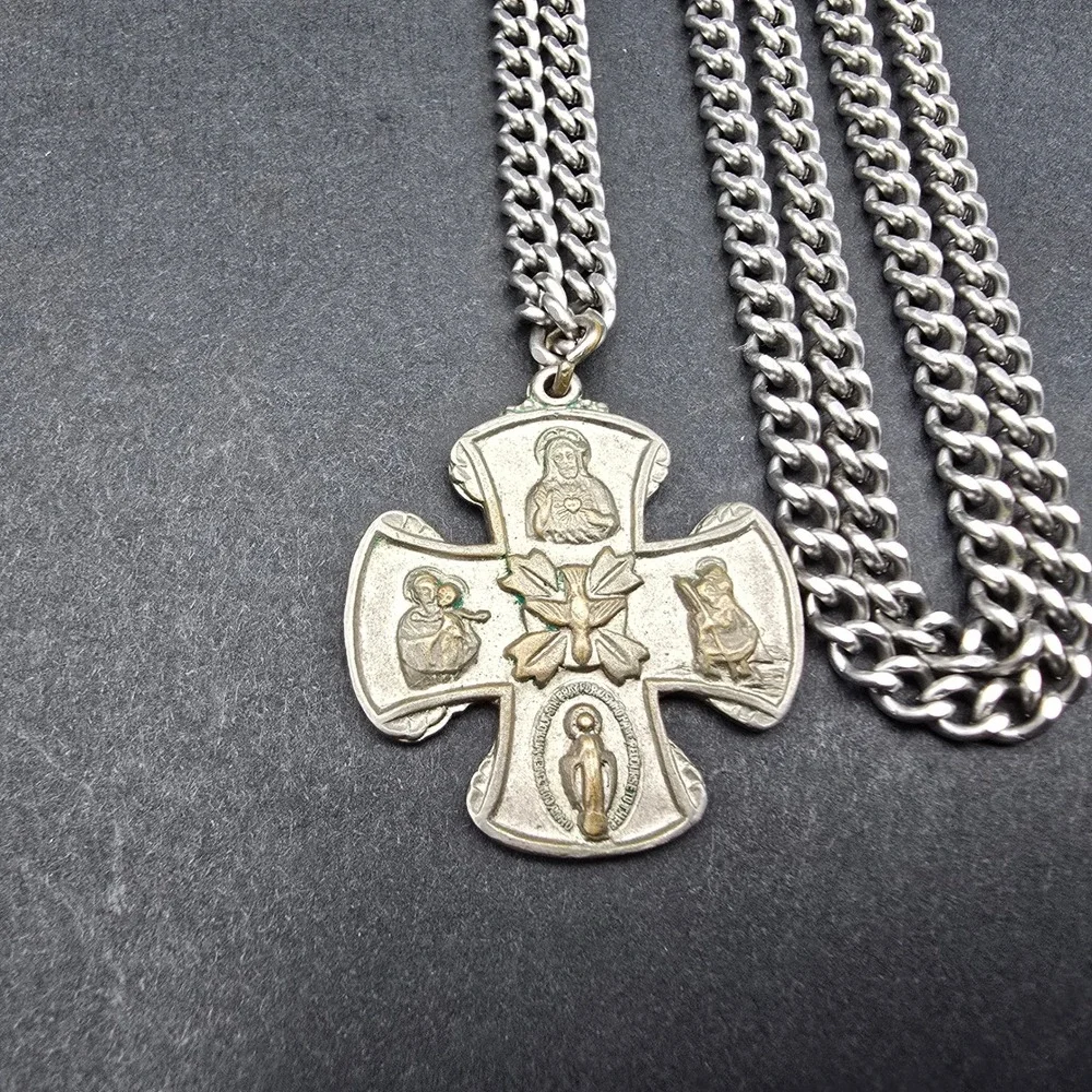 Vintage Catholic 4-Way Cross Necklace I Am A Catholic Call A Priest Pendant 36in